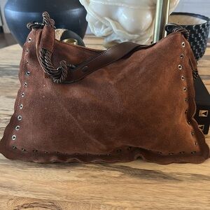 👜 Brown Suede & Leather Scalloped Shoulder Bag with Metal Detailing